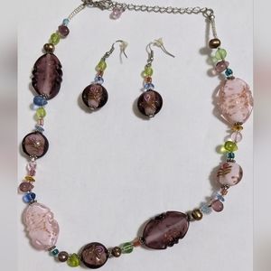 ⭐Purple & Pink Glass Necklace & Earrings Set⭐